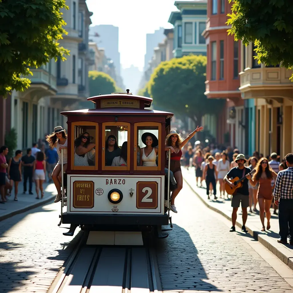 Трамвай, поднимающийся по крутому склону на улицах города